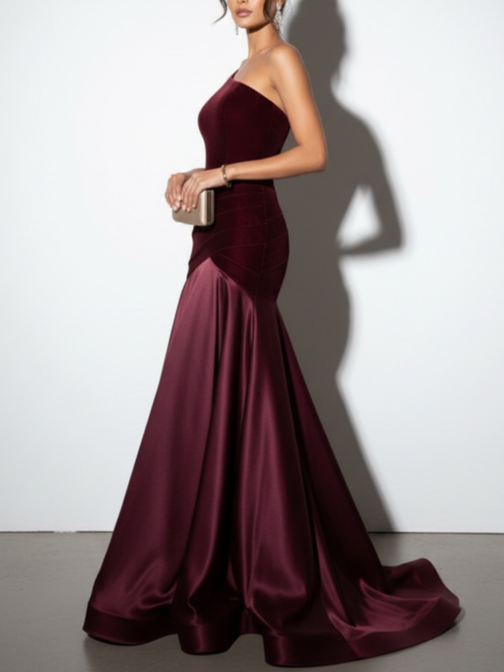 NWT Fehaute Burgundy Satin Ruched Velvet One Shoulder A-Line Gown Dress Size 4 - Picture 2 of 11
